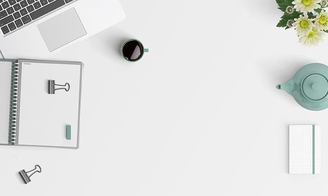 Clean, tidy minimal workspace flat lay